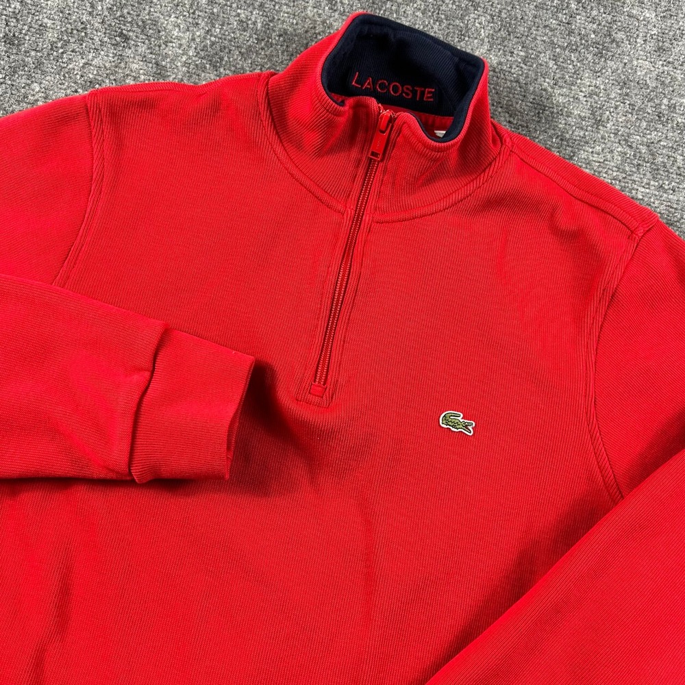 Lacoste‎ Quarter Zip Pullover Mens XL Red Ribbed Cotton Sweatshirt SH1462 Logo